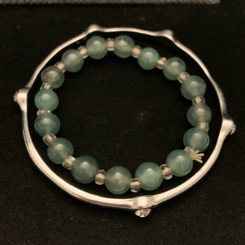 Two Bracelets SilverTone‎ Rhinestone Bangle 8” Green Jade Stone Stretch Bracelet